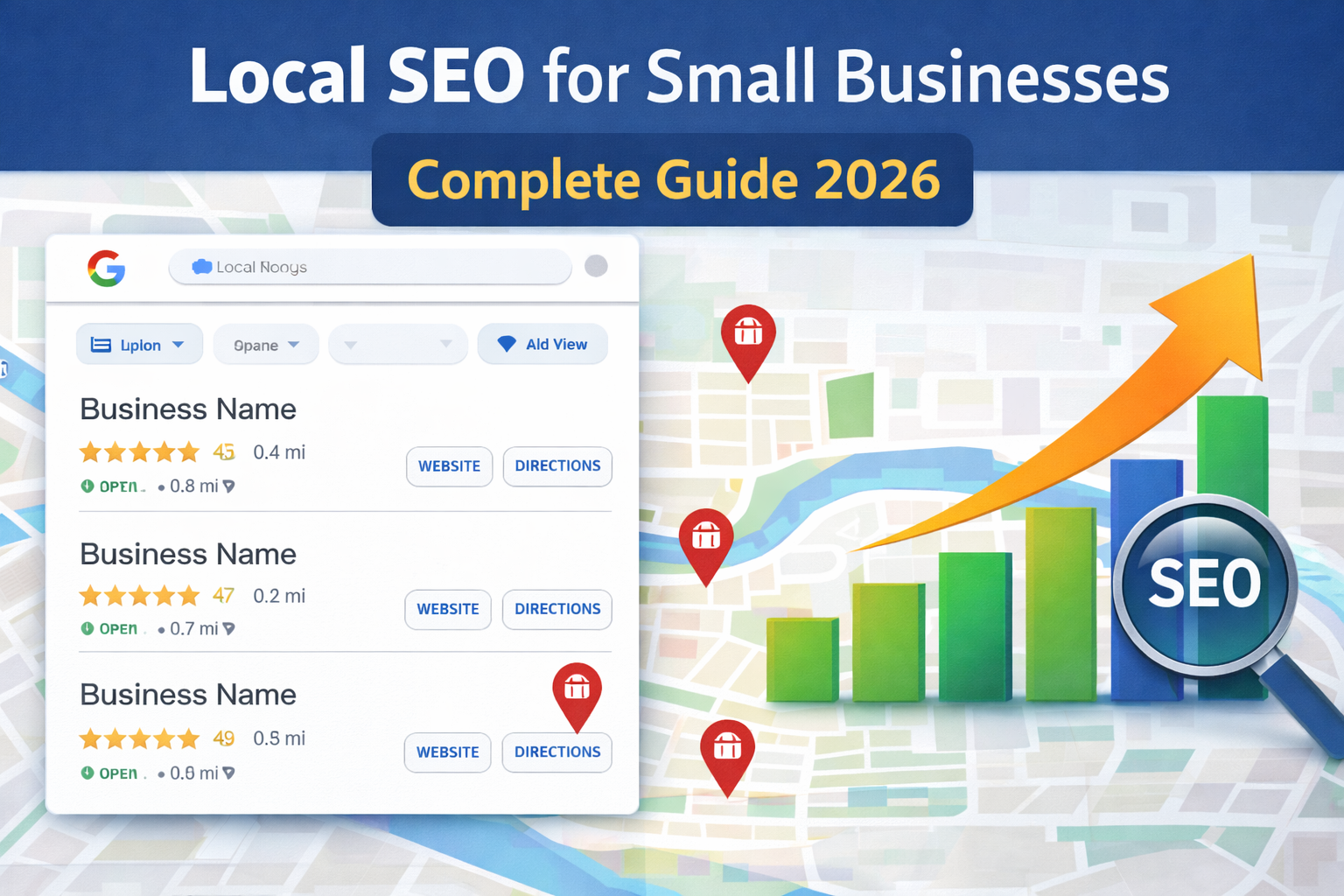 local seo for small businesses guide showing google maps results and seo ranking growth