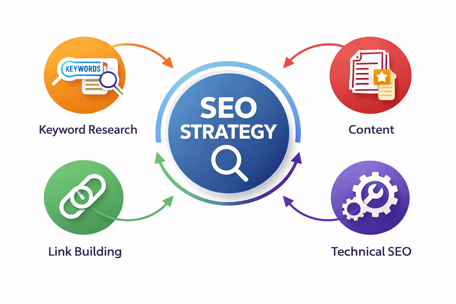 seo strategy components including keyword research content optimization link building and technical seo