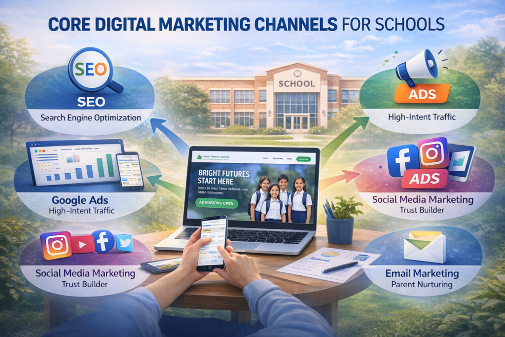 👉 digital marketing channels for schools including seo google ads social media and email marketing