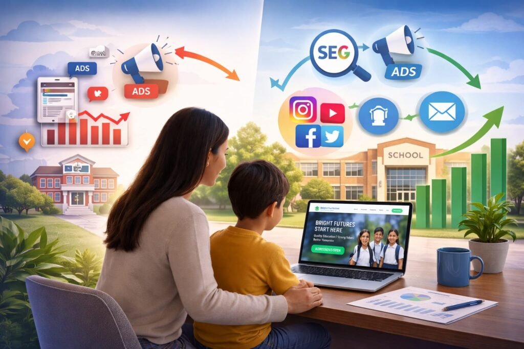 school digital marketing funnel showing parent researching schools online and increasing student enrollment